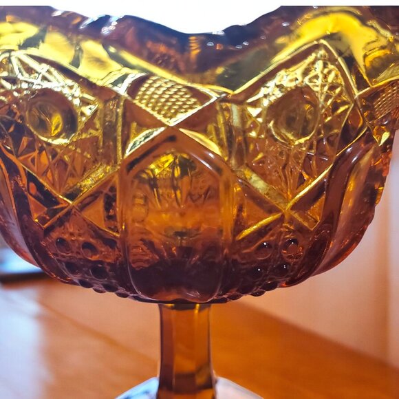 Vintage LE Smith Glass Heritage Quintec Amber Glass Pedestal Compote Candy Dish - Picture 3 of 9